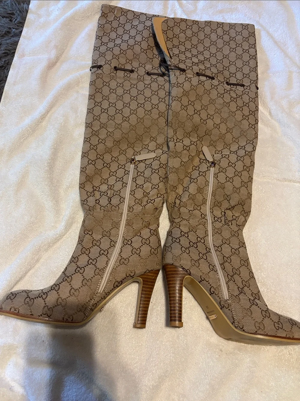 Gucci Beige Brown GG Canvas Over-the-Knee Heeled Boots